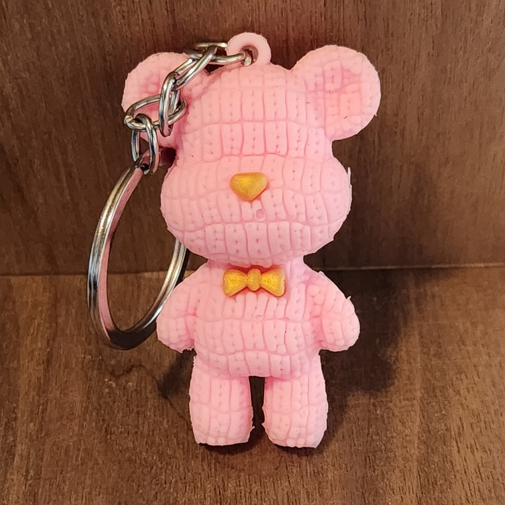 Pink‎ Quilted Teddy Bear Keychain Gold Heart Nose Bow Tie Bag Charm Accessory